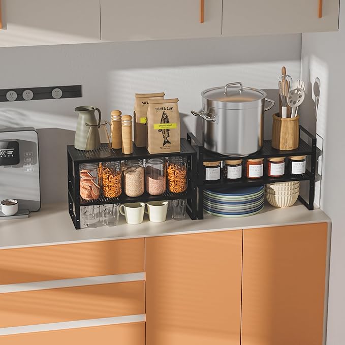 Wobmmi Expandable, Adjustable & Stackable Spice Rack, Cabinet Kitchen Countertop Shelf Organizer, Metal Pantry Storage Shelves - Space-Saving Storage Solution (2 Packs/Black/Medium)