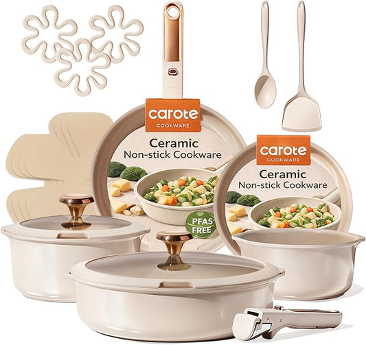 CAROTE 18Pcs Ceramic Cookware Set with Detachable Handle, Pots and Pans Set Non Stick, Non Toxic Cookware Set Removable Handles, Induction Kitchen Cookware Sets, Dishwasher/Oven Safe