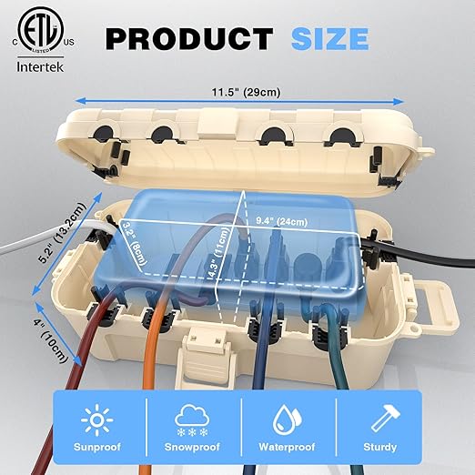 Flemoon [2 Pack] Outdoor Electrical Box Waterproof, Medium Weatherproof Electrical Box (11.5x5.2x4 inch) w/6 Cable Entry Ports, Extension Cord Cover for Power Strip, Timer, Holiday Light, Almond