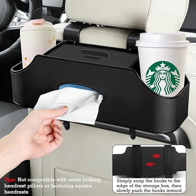 Back Seat Car Organizer, Upgraded Multifunctional Car Storage Box, Hanging Back Seat Storage Organizer, with Phone Holder, Tissue Box, Cup Holders, Hooks (Type B - Black)
