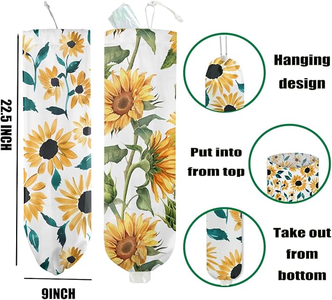 2 Pcs Sunflower Plastic Bag Holder for Kitchen Essentials, Wall Mount Grocery Bag Holder for Plastic Bags, Flower Washable Grocery Bags Storage Dispenser for Home Kitchen Pantry Decor, 22.5x9 Inch