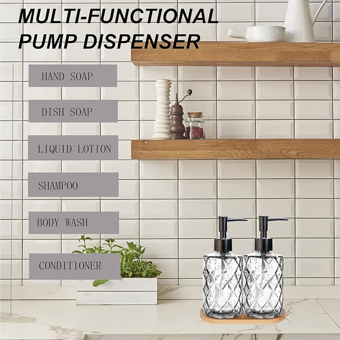 Glass Hand and Dish Soap Dispenser Set of 2 with Plastic Pumps, Bamboo Tray, 12oz Clear Bathroom Soap Dispenser with Diamond for Hand Wash & Dish Wash, Ideal for Bathroom Kitchen Countertop