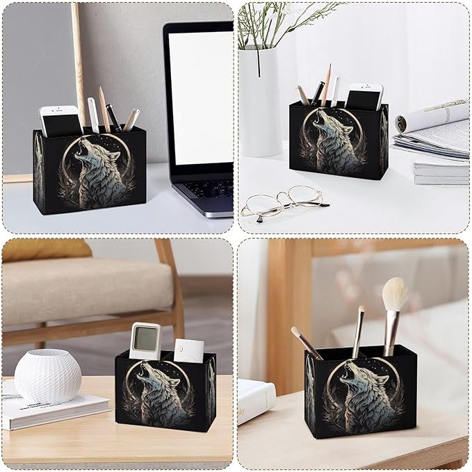 Famame Howling Wolf Moon Pencil Holder for Desk, Leather Desktop Container Pen Cup Storage Study Table Pen Organizer Makeup Brush Holder for Classroom Office Home