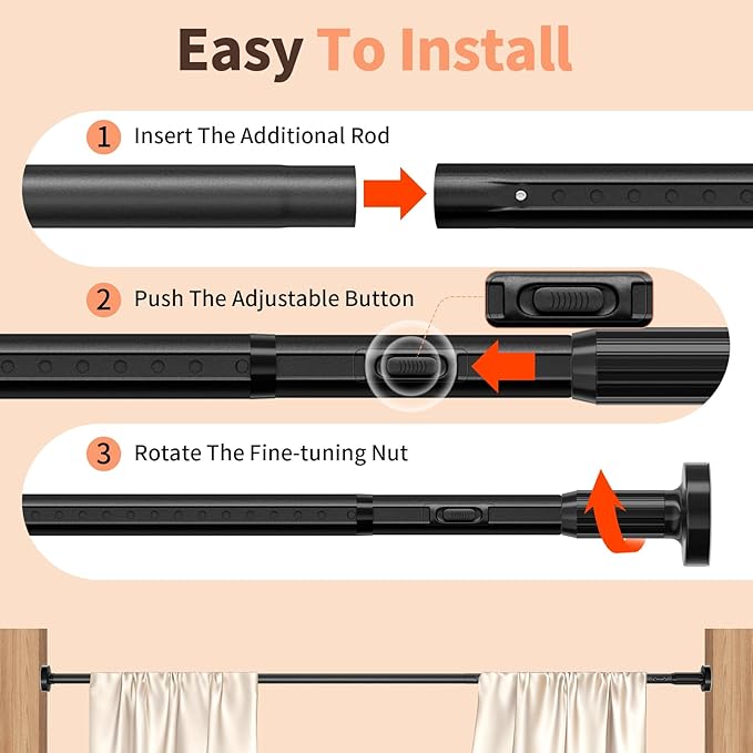 Tension Curtain Rod 39-157In-55Lb, Outdoor Extra Long Curtain Rod No Drilling for Window or Bathroom Patio, Adjustable Heavy Duty Shower Curtain Rod, Easy to Install, Never Rust, Non-Slip-Black