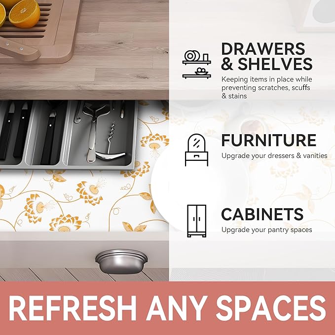RAY STAR Shelf Liner, Non Adhesive Golden Leaves Floral Kitchen Cabinet Liner for Pantry Drawer Vanity, Strong Grip Non Slip, Shelf Liners for Kitchen Cabinets Cupboard 18 Inch x 8 FT (5 Rolls)