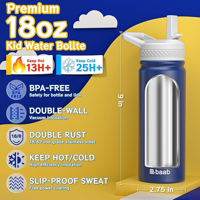baab 18oz Kids Water Bottle, Insulated Water Bottle with Straw & Stickers, 18/8 Stainless Steel Vacuum Leakproof Kids Water Straw Cup for School, Gift for Boy Girl (Navy Blue+Light Blue, 2 Pack)