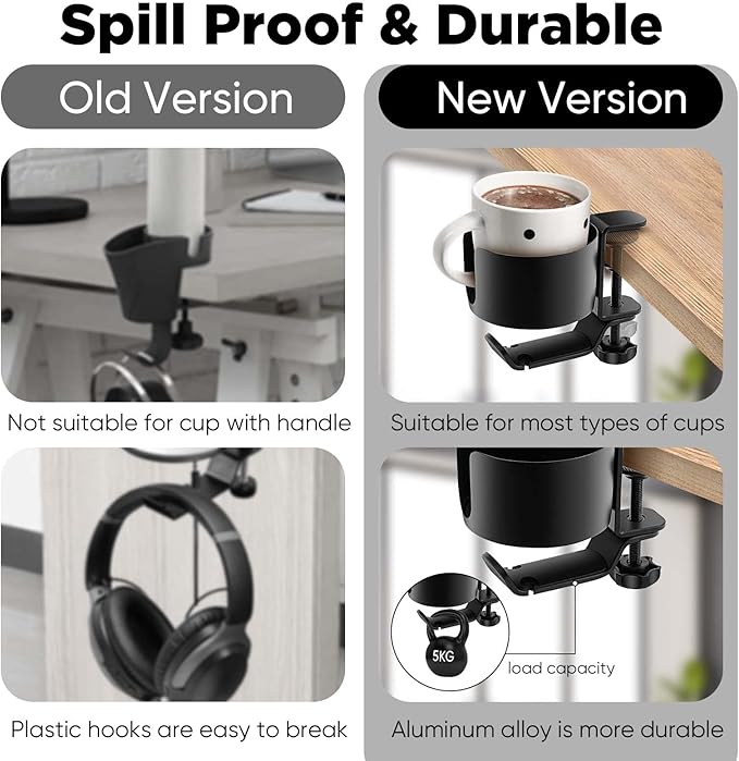OOKUU 2-in-1 Desk Cup Holder with Headphone Hanger, Anti-Spill Cup Holder for Desk or Table, Easy to Install, Sturdy and Durable, Large Enough to Hold Coffee Mugs, Water Bottles, Headphones