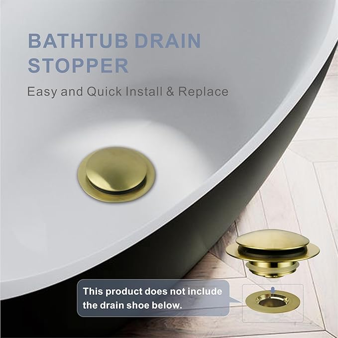 Gold Brushed Tub Drain Stopper, Universal Pop Up Bath Drain Plug Bathtub Drain Stopper, Hidrop Conversion Kit Assembly, Replaces Lift and Turn, Tip-Toe Plug Stopper for Tub, EZ Install (Gold Brushed)