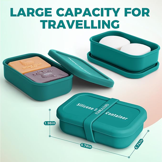 Silicone Travel Soap Container, Enhanced Leak-Proof Travel Soap Case with Draining Layer, Portable Bar Soap Holder, Soap Box with Soap Bag, Soap Dishes for Bathroom/Camping/Gym (Green)