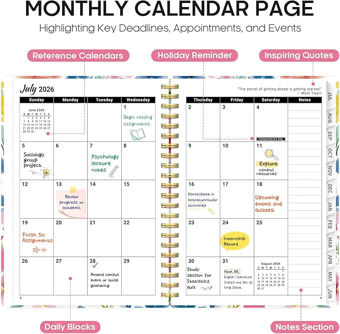 Planner 2026-2027, Academic Year Monthly and Weekly Calendar Planner, Jul 2026 - Jun 2027, Hardcover Teacher Student Planning Agenda book with Tabs, Perfect for School Office Supplies, 8.5" x 11" - Bloom Floral