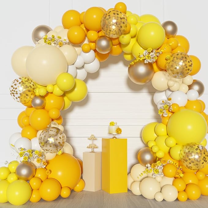 Ouddy Party Yellow Gold Balloons Arch Garland Kit, Different Sizes 18 12 10 5 Inch Mustard Pastel Yellow White Latex Metallic Confetti Balloon for Sunflower Bee Baby Shower Birthday Party Decorations