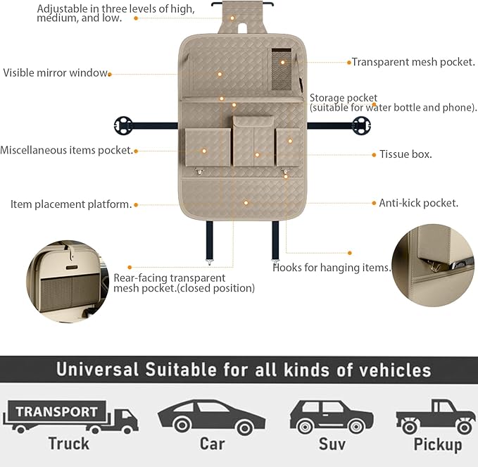 XDV Car Seat Organizers,Multi-functional Back Seat Protectors, Storage Pouches, and Tray Holders (for Cars, Kids, Seat Back and Rear Seats) (Woven Beige, 2 Pcs)