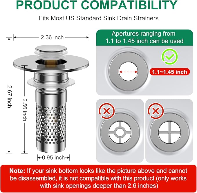 Bathroom Sink Drain Strainer,Universal Pop-Up Sink Stopper Hair Catcher, Anti-Clog Stainless Steel Drain Filter Basket, Removable Sink Drain for Bathroom Sink Stopper Replacement