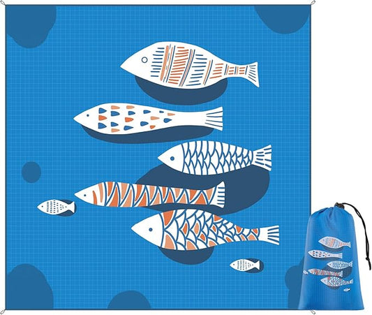 Blue Fish Beach Mat 75"x75" – Outdoor Picnic Blanket, Waterproof Sand Mat for Camping, Grass & Travel, Portable Foldable Ground Mat with Bag
