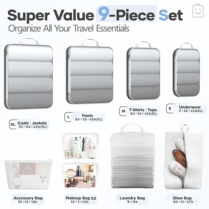 Veken 9/11 Set Compression Packing Cubes for Travel Essentials, Compressible Expandable Large Luggage Suitcase Organizer Bags for Clothing, Durable Space Saver Storage Bags with Toiletry Bags (White)