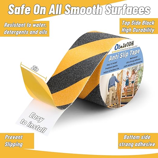 Non Slip Safety Grip Tape for Stairs Steps 2 in x 60Ft Non Skid Tread High Traction Friction, Black Yellow Strong Grip Abrasive Adhesive Hazard Caution Tape