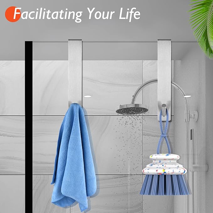Kontoyo Shower Door Hooks(7.5 Inch),Extended Over Door Hooks for Bathroom Frameless Glass Shower Door,Stainless Steel Towel Hooks,Heavy Duty Rack Hooks for Robe,Towel-2 Pack-Silver