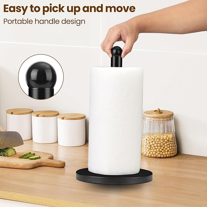 Paper Towel Holder, Black Kitchen Paper Towels Holder Stand, Stainless Steel Paper Towel Holder -Weighted Base, Non-Slip Protect The Countertop