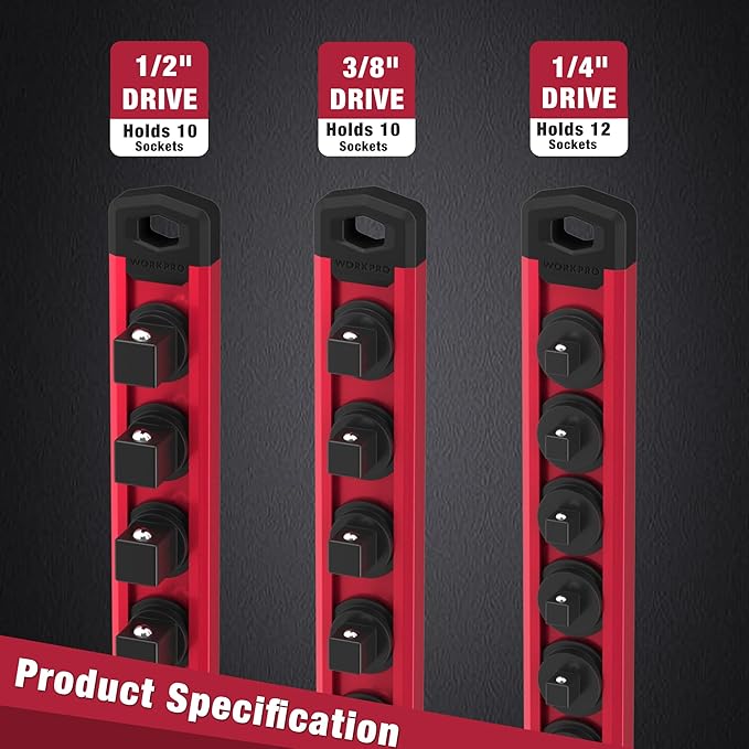 WORKPRO Magnetic Socket Organizer, 3/8-Inch Drive Aluminum Alloy Sockets Rail, Heavy Duty Sockets Holder, Socket Rack Kit 3/8-Inch x 10 Clips (Red)