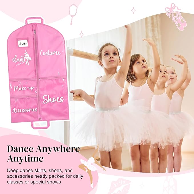 DEEKA Dance Garment Bag for Hanging Clothes with Zipper Pockets Dance Accessories Essentials Uniform Costume 40 Inch Dress Bags for Dance Competition Girls (Pink,White-Dance)