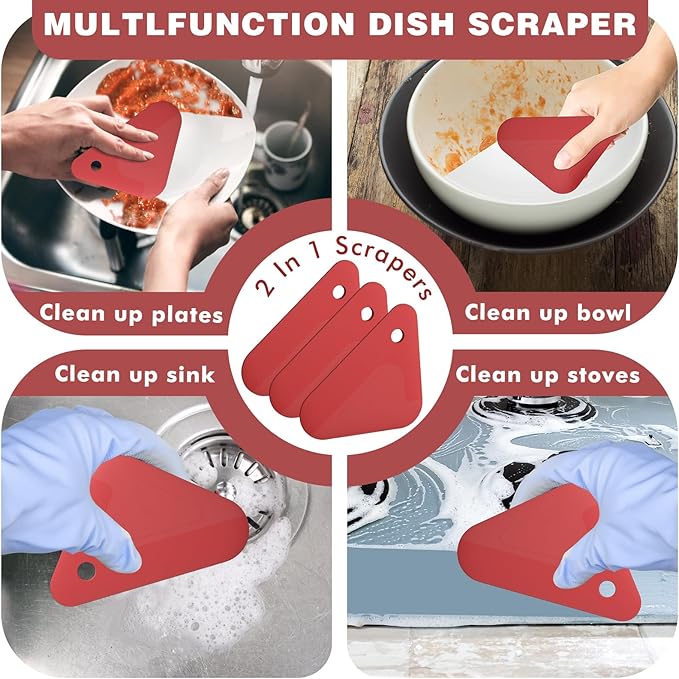 Food Scraper, 2-in-1 Pot and Pan Dish Scraper, Nylon and Silicone, Kitchen Scraper Tools for Cast Iron Skillets, Cookware, Dishes, Pans and Pots, Heat Resistant, Set of 3 - Red