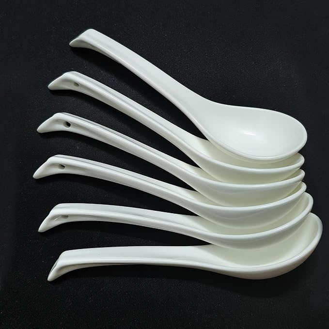 Asian Ceramic Soup Spoon set of 6,White Chinese soup spoons Large for Ramen Pho Wonton Dumpling Miso, Deep Oval Hook Design
