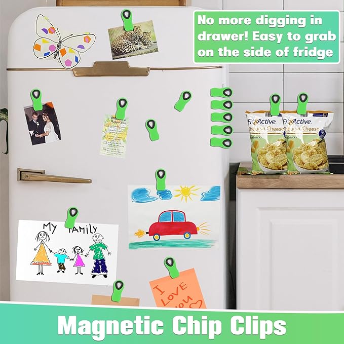 12 Pack Magnetic Chip Clips Bag Clips, Clip for Food Packages, Kitchen Clip with Magnet for Refrigerator, Green Plastic for Food Storage, Chips and Snack
