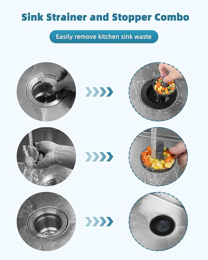 Universal 3 in 1 Kitchen Sink Drain Strainer Stopper Combo, Black Stainless Steel Shell Pop Up Sink Stopper for US Standard 3-1/2 inch Drain Filter, Anti-clog and Easy Clean, Matteblack