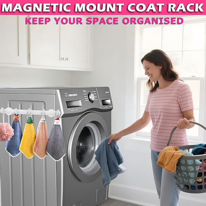 ULIBERMAGNET White Magnetic Coat Rack, Heavy Duty Magnetic Coat Holder with 5 Hooks, Anti-Slip Strong Magnetic Hanger for Refrigerator, Metal Cabinet, Entryway, Hanging Coats, Jackets, Umbrellas, Scarves, Bags