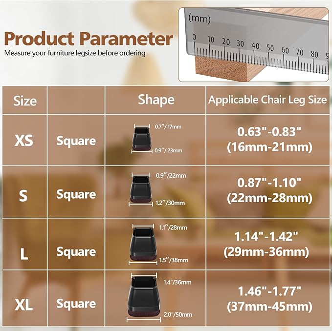 28Pcs Square Chair Leg Floor Protectors with Wrapped Felt Bottom, Silicone Chair Leg Protectors for Hardwood Floors, Chair Legs Cover Prevents Scratches & Reduce Noise (Black S Fit 0.87"-1.10")