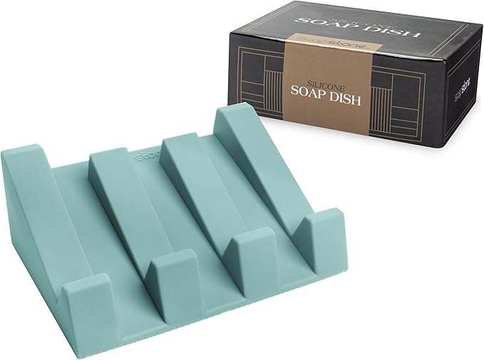 iSoapStone Silicone Soap Dish (USA Patented) Self Draining Bar Soap Holder for Shower Bathroom Sink, Drying Soap Dish Tray Sponge Holder Easy Cleaning Soap Saver Mat Travel Accessories (Teal, 1)
