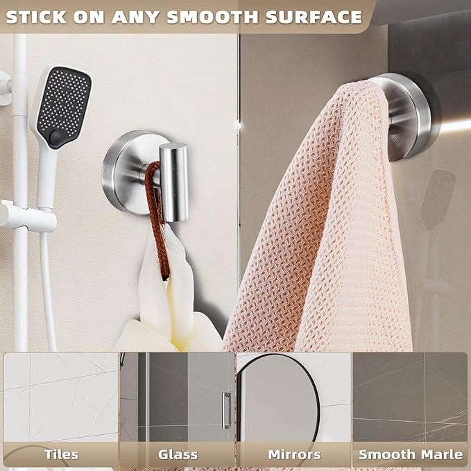 Suction Cup Hooks for Shower - Reusable Bathroom Hooks for Towels, Robes & Loofahs - No-Drill Mounting on Kitchen, Walls, Metal, Glass, Mirrors, Tile & Smooth Non-Porous Surfaces (4, Brushed Nickel)