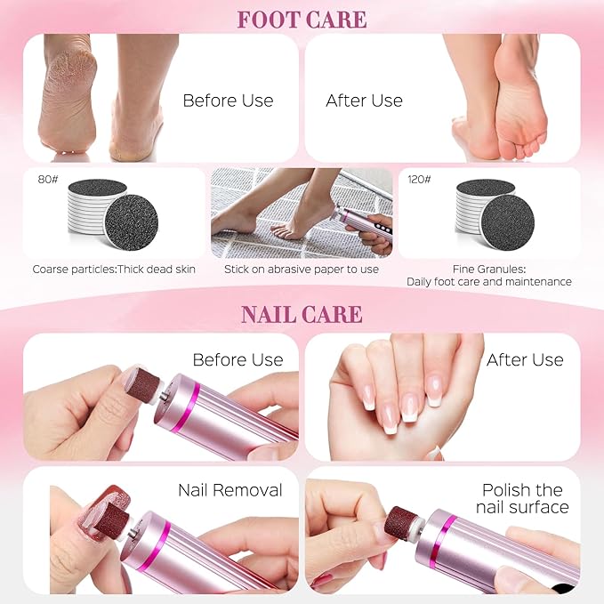 Electric Foot Callus Remover, 2 in 1 Callus Remover for Feet, 9 Adjustable Speeds with Sandpaper Disk and Nail Drill Bits, Digital Display, Rechargeable Pedicure Tools for Dead Skin(Pink)