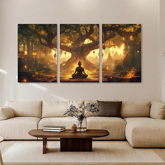 WithHope 3 Piece Buddha Canvas Wall Art, Buddha Home Decor, Buddhist Decorations, Zen Canvas Wall Art, Tree of Life Artwork, Zen Decorations, Modern Painting, Living Room Decor (16" x 24" x 3 pcs)