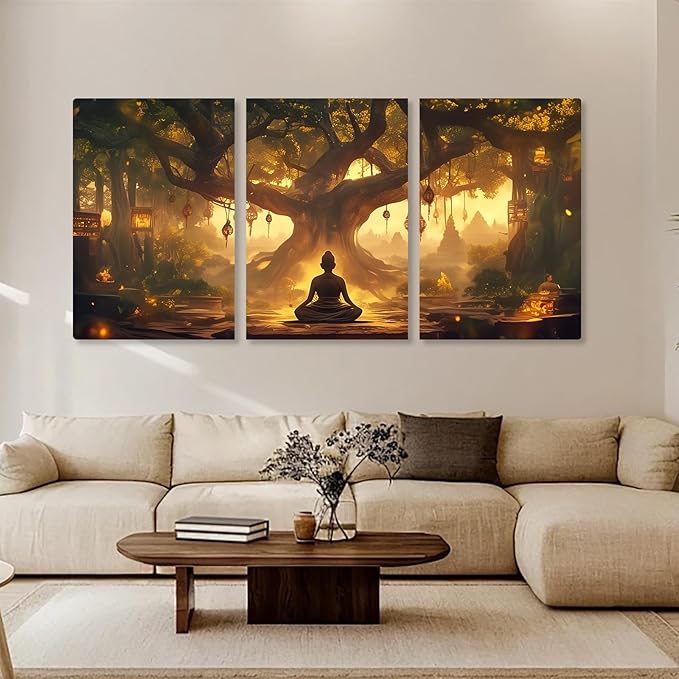 WithHope 3 Piece Buddha Canvas Wall Art, Buddha Home Decor, Buddhist Decorations, Zen Canvas Wall Art, Tree of Life Artwork, Zen Decorations, Modern Painting, Living Room Decor (24" x 36" x 3 pcs)