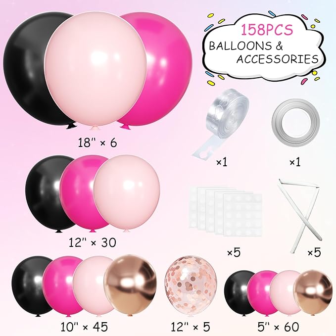 MEBAY Hot Pink Black Rose Gold Balloon Arch Garland Kit, 146 Pcs Rose Red Tender Pink Black Confetti Rose Gold Balloons for Graduation Birthday Party Baby Shower Wedding Decorations
