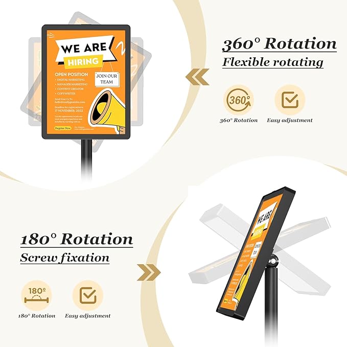 Sign Stand Sign Holder Stand 8.5 x 11 Inches Standing Sign Holder Adjustable Sign Stands for Display Snap-Open Frame 360° Rotating for Business, Outdoor Indoor Poster (Black)