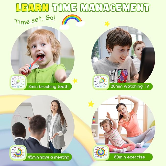 HIPPIH Visual Timer for Kids - 60 Minute Pomodoro Timers for Classroom Kitchen Office, Countdown Kids Timer Clock with Rainbow Disk, Desk Time Management Tool for Toddler with Silent Operation, Green