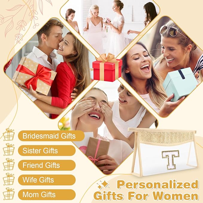 Personalized Initial Letter Bag Boho Straw Clear Makeup Bag, Small Cute Chenille Varsity Letter Bag With Zipper, Beach Travel Toiletry Bag, Portable Monogrammed Cosmetic Bag for Women Girls, T