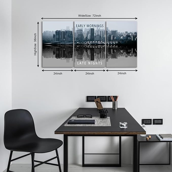 KAWAHONE Inspirational Wall Art -Motivational Quote Black and White Wall Art-City Night Scenes Modern Cityscape Building Artwork Decor for Home Office Bathroom Bedroom Kitchen Classroom Gym
