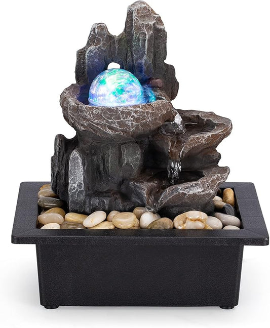 Tabletop Fountain Rotating Ball Rock Waterfall Fountain Office Tabletop Fountains for Home Office Decor Includes Many Natural River Rocks Decorated with Colorful Lights and Rolling Ball