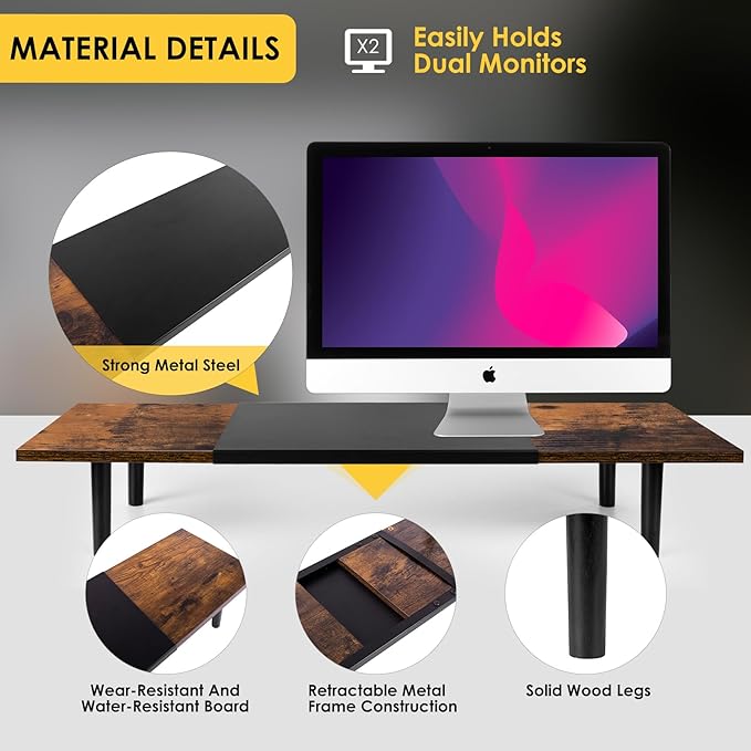 Dual-Monitor-Stand-Riser-For-Desk Adjustable Length 32-40 Inch, Large Desktop Computer Monitor Riser For 2 Screens, Desk Shelf Organizer Riser Stand For Computer/Laptop/PC/Printer/TV Brown