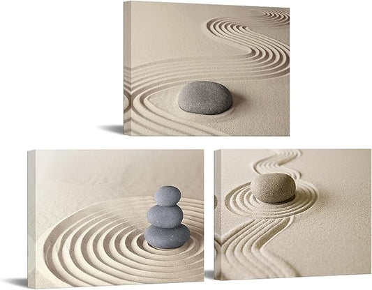 Apicoture Zen Stone Canvas Wall Art Zen Stone Sand Prints Canvas Art Calm Peaceful Still Life Wall Art for Spa Room Decor Framed 12x16inchx3pcs