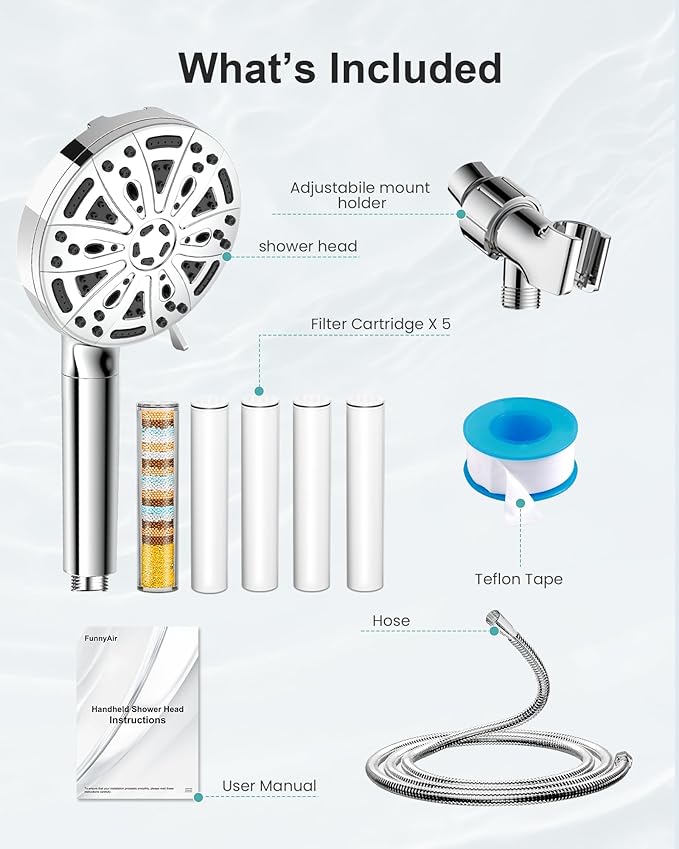 Filtered Handheld Shower Head, 9 Spray Modes High Pressure, 5 Replacement Filters Included, Hard Water Softener 20-Stage Filtration, Remove Chlorine, Relieve Dry Itchy Skin, 5 Filters-Chrome