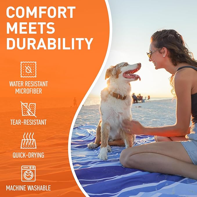 Everlasting Comfort Large Beach Blanket Waterproof & Sandproof - 80" x 80"/ 6.7ft x 6.7ft - Lightweight Picnic Mat, Camping Necessities for 4 People - Accessories for Outdoor Festivals - Blue