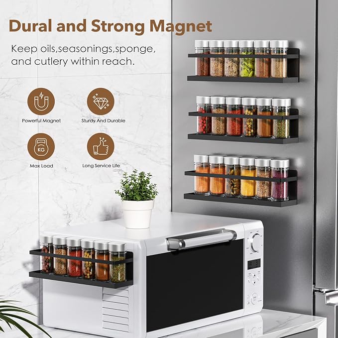 Magnetic Spice Rack for Refrigerator, Magnetic Fridge Shelf for Kitchen Spice Organizer, Spice Rack Wall Mount, Fridge Organizers and Storage (4, Black)