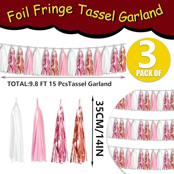 3P Metallic Fringe Tassel Banner Garland Foil Tinsel Streamer Wall Hanging Curtain Backdrop for Parade Floats, Graduation, Wedding, Birthday, Retirement Party Decorations (Rose-Gold Pink White)