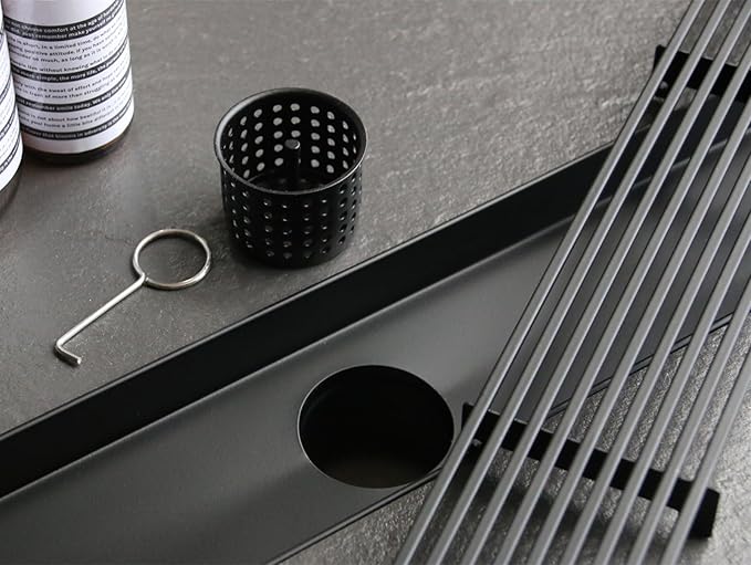 Sharpeye 24 Inch Linear Shower Drain with Removable Wedge Wire Pattern Grate, Matte Black 304 Stainless Steel Rectangle Shower Floor Drain for Bathroom, CUPC Certified, with Hair Strainer