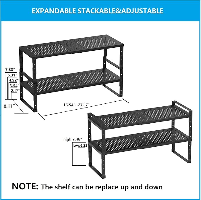 Wobmmi Expandable, Adjustable & Stackable Spice Rack, Cabinet Kitchen Countertop Shelf Organizer, Metal Pantry Storage Shelves - Space-Saving Storage Solution (2 Packs/Black/Medium)