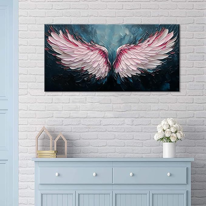 ZESTRILIA Angel Wings Wall Art for Girls Room Pink Navy Blue Canvas Oil Painting Prints Modern Abstract Fantasy Anime Artwork Living Bedroom Office Decor (40x20 Inches)